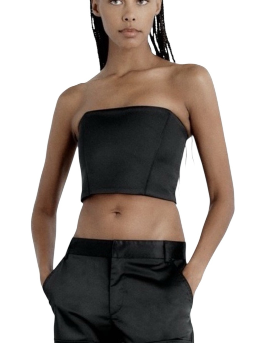 Zara Black Satin Corset Bustier Strapless Crop Tube Top NWT (Z)